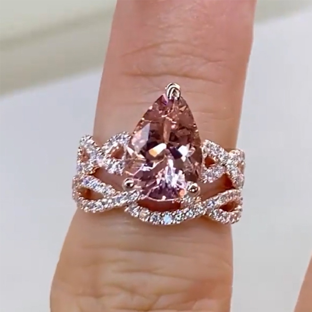 5 CT Morgainte Pear Cut S925 Silver Twist Ring Set in 18K Rose Gold Plated sz 6